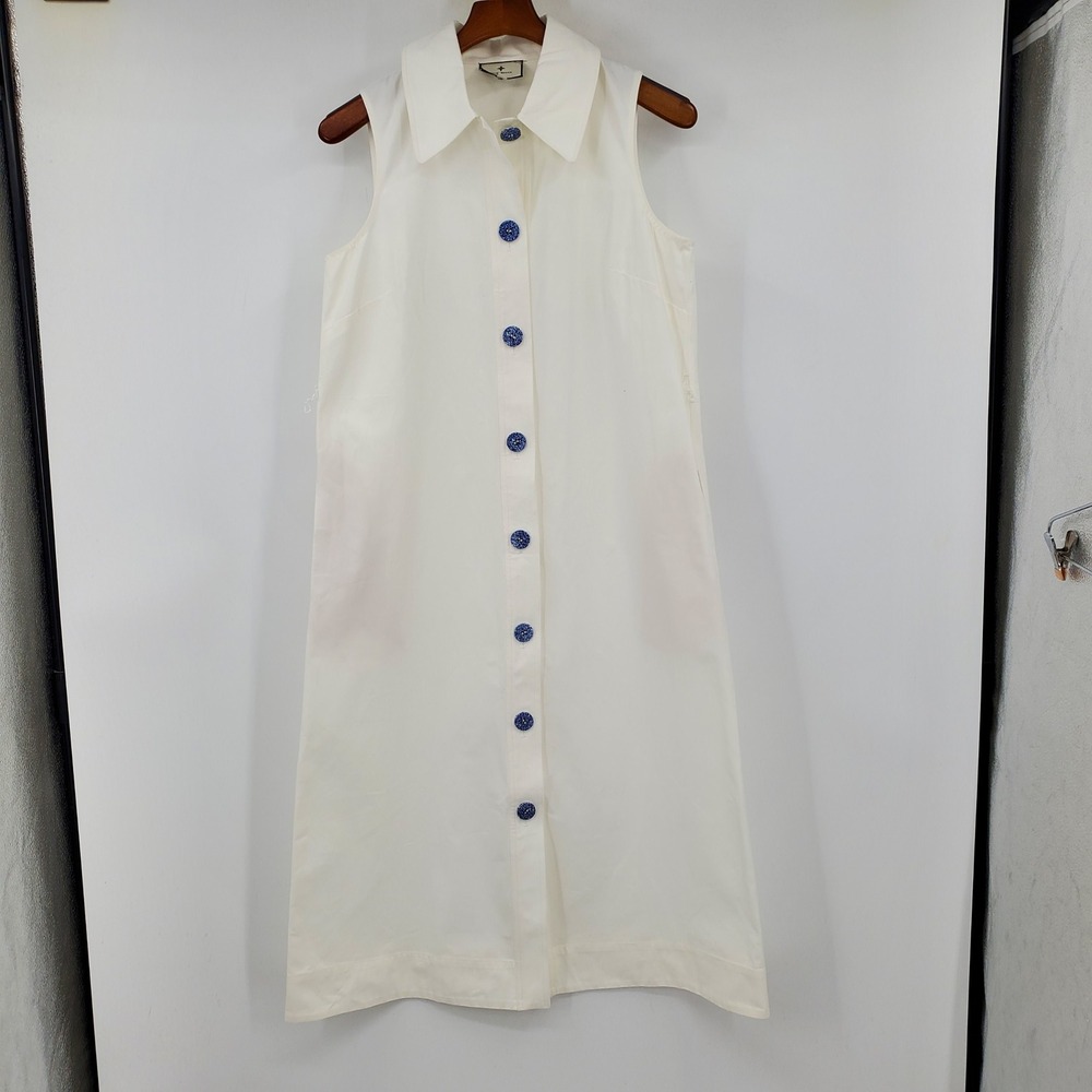 Tuckernuck White Cotton Sleeveless Button Front Midi Shirt Dress Med Blue Button